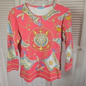 J McLaughlin Catalina Cloth Top Womens Pink Nautical Print 3/4 Sleeve Size M